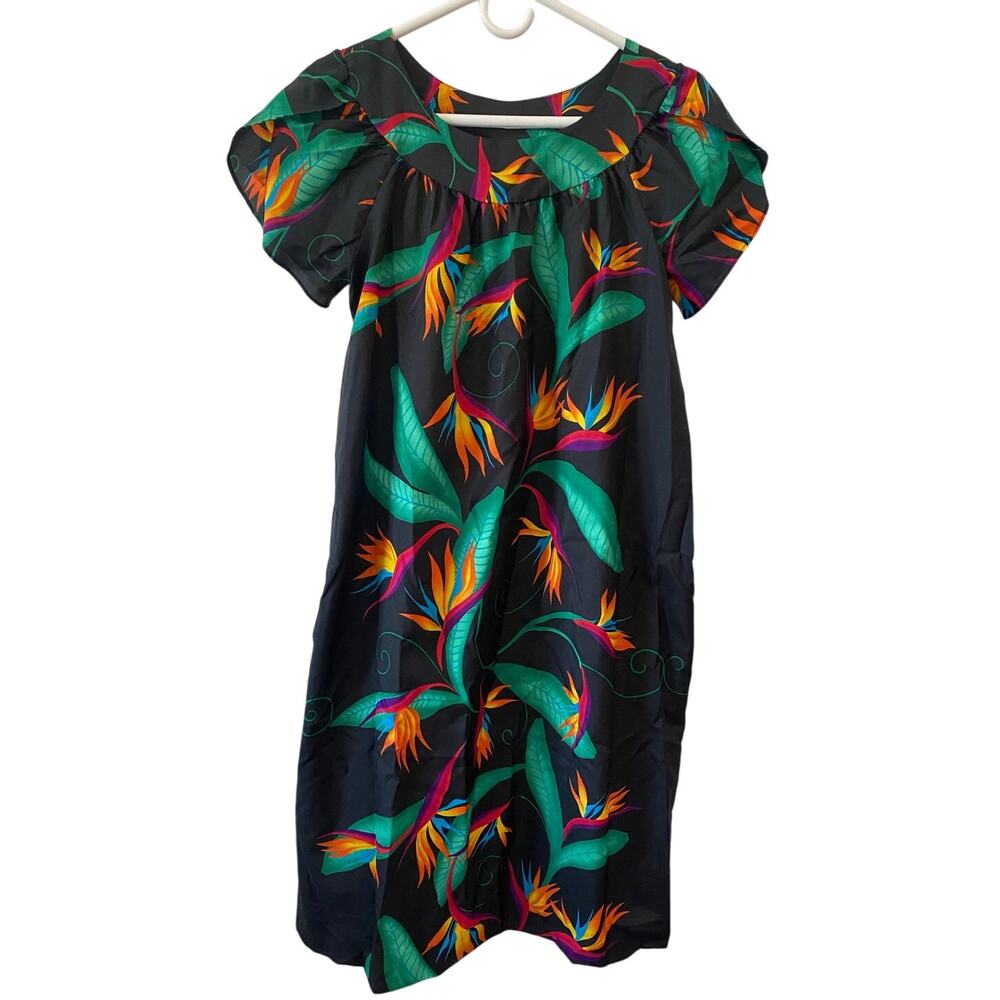 Vintage 70s Hilo Hattie's Muumuu Kaftan Dress Black Birds of Paradise Size Small